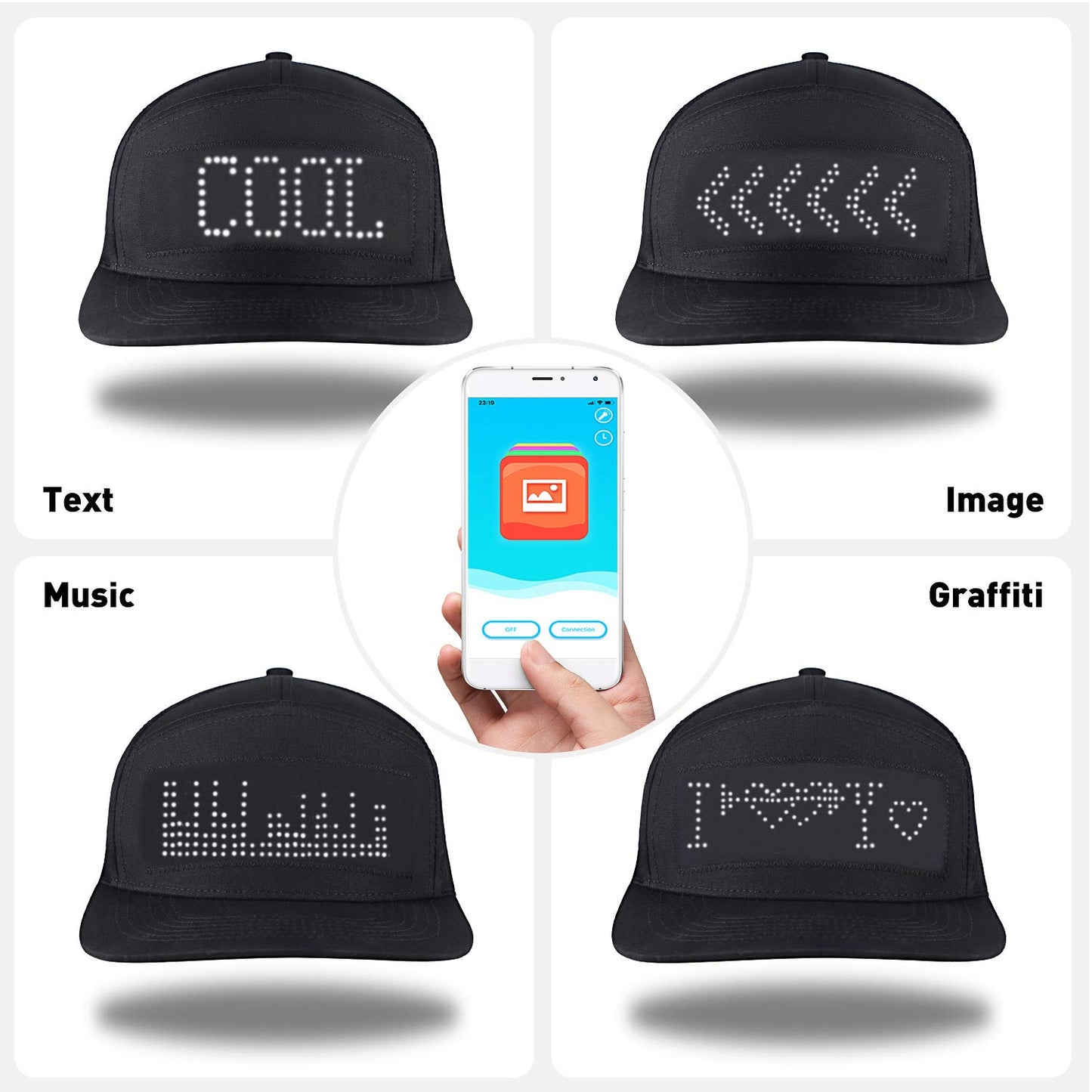VIZOR Snap-Back Baseball Cap with Programmable Animated Graphics and Text